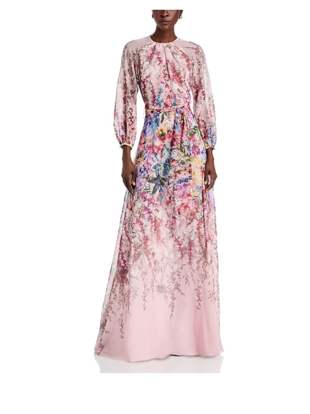 Teri Jon Chiffon Pink Floral Long Sleeve Maxi Gown Size 6.